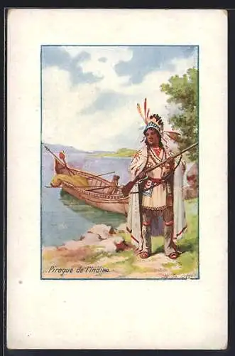 Künstler-AK Pirogue de l`Indien, Indianer mit Kanu