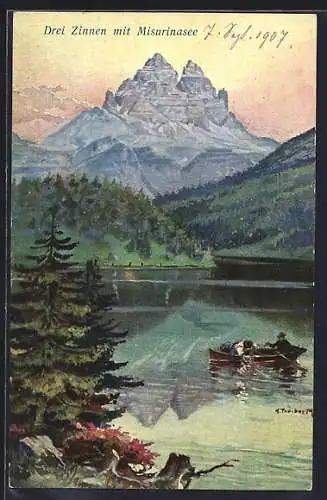 Künstler-AK Hans Treiber: Misurinasee, Drei Zinnen
