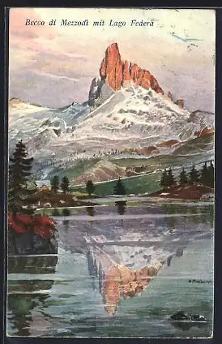 Künstler-AK Cortina, Becco di Mezzodi mit Lago Federa