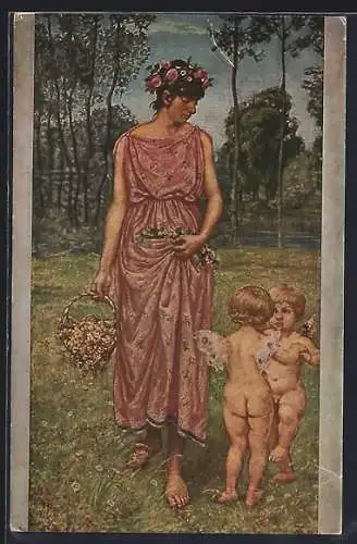 Künstler-AK Hans Thoma: Blumengeschmückte Dame mit Engelchen