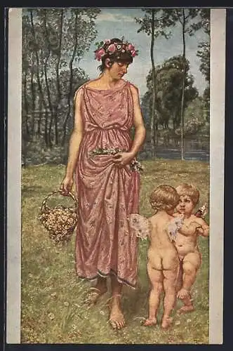 Künstler-AK Hans Thoma: Blumengeschmückte Dame mit Engelchen