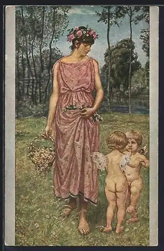 Künstler-AK Hans Thoma: Flora, Göttin und Amoretten