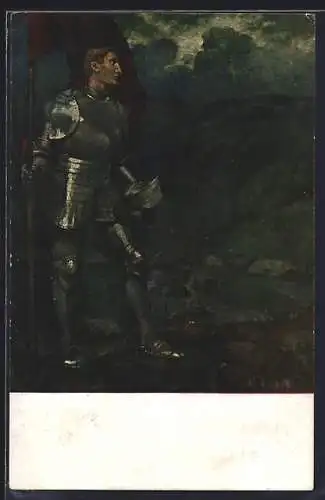 Künstler-AK Hans Thoma: Ritter in eiserner Rüstung mit Fahne