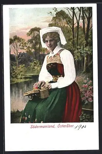 AK Södermanland, Österaker, schwedische Frau in Tracht