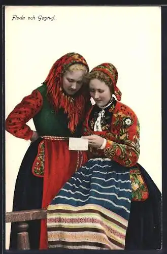 AK Floda och Gagnef, Zwei Schwedinnen in Tracht mit einem Brief