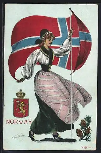 Künstler-AK Norwegische Frau mit Fahne