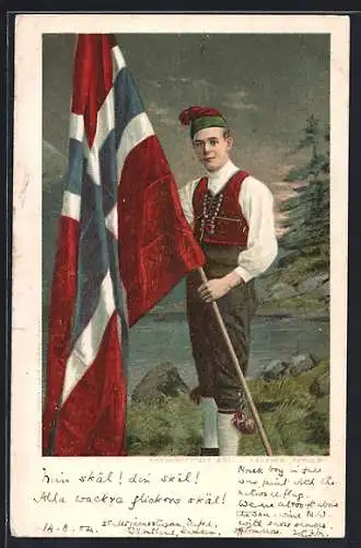 AK Norwegischer Mann mit Fahne