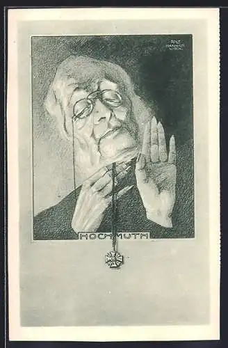 Künstler-AK Hochmut, Herr mit Brille, Allegorie