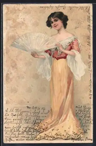 Lithographie Siesta, Dunkelhaarige Dame mit Fächer