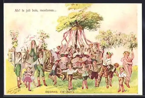 Künstler-AK Volksfest, Festwagen und Tanz