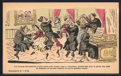 AK Ein Paar Mönche tanzen zur Klaviermusik mit Frauen