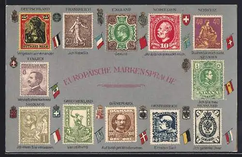 AK Europäische Markensprache, Briefmarken aus u. a. Deutschland, Frankreich, England