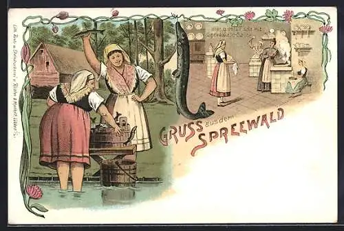 Lithographie Spreewälder Fischerinnen, Fisch mit Spreewald-Sauce