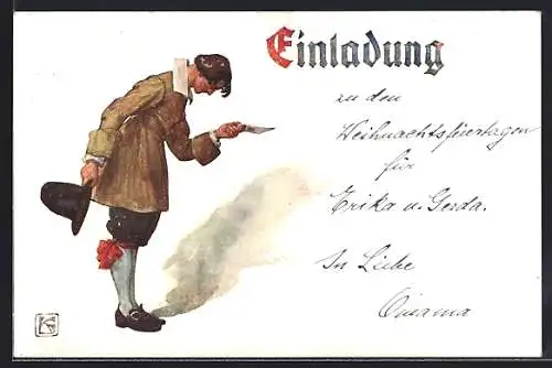 Künstler-AK Karl Friedrich Gsur: Mann überreicht eine Einladung