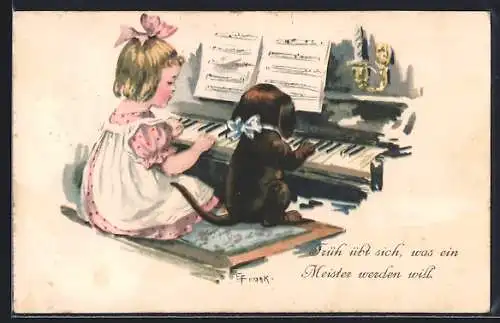 Künstler-AK Elly Frank: Mädchen und Hund am Klavier