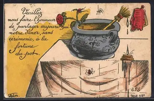 Künstler-AK Philippe Norwins: Topf mit Pinsel und Rose, Spinnen