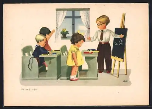 Künstler-AK Sie weiss nichts, Käthe Kruse-Puppen in der Schule