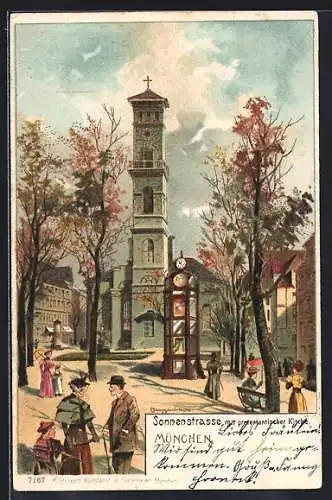 Lithographie München, Sonnenstrasse mit protestantischer Kirche