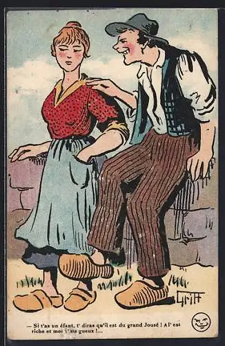 Künstler-AK Griff: Paar in Holzschuhen an einer Mauer