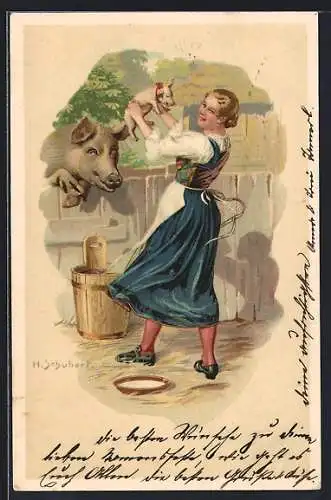 Künstler-AK H. Schubert: Junge Frau mit Ferkel
