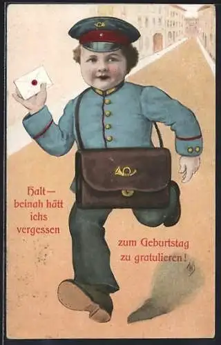 Künstler-AK Willi Scheuermann: Geburtstagsgrüsse, Kleiner Postbote eilt herbei und übergibt einen Brief