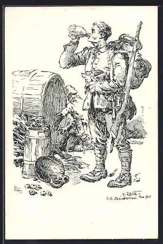 Künstler-AK sign. Alb. Reich: Willkommene Beute, Soldat trinkt aus der Feldflasche