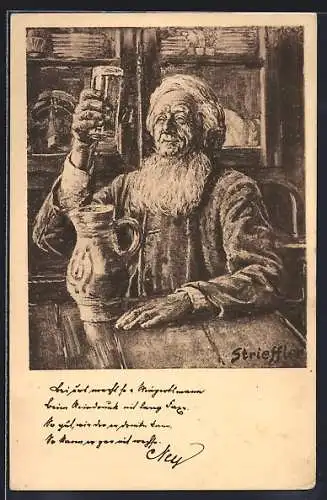 Künstler-AK sign. Strieffler: Mann beim Pfälzerwein