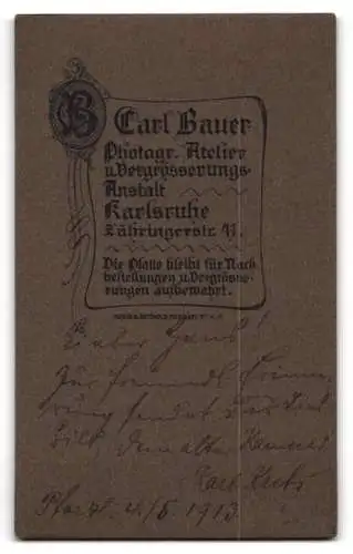 Fotografie Carl Bauer, Karlsruhe, Portrait Herr Karl Kufs im Nadelstreifenanzug, 1913