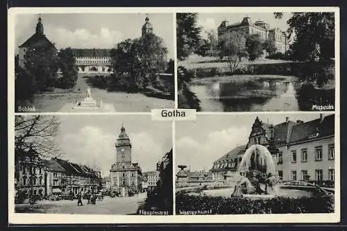 AK Gotha, Schloss, Museum, Hauptmarkt und Wasserkunst