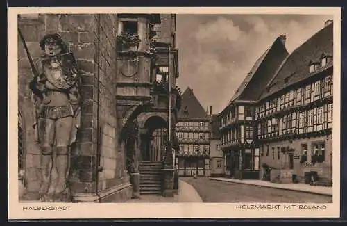 AK Halberstadt, Holzmarkt mit Roland
