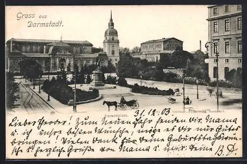AK Darmstadt, Strassenpartie am Paradeplatz, Kutsche und Strassenbahngleise