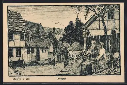 Künstler-AK Stolberg i. Harz, Töpfergasse, Mann in der Töpfergasse