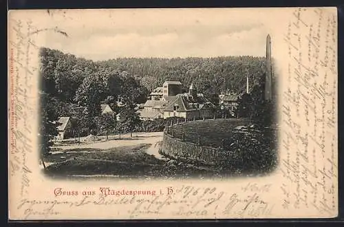 AK Mägdesprung i. H., Ortsansicht mit Obelisk