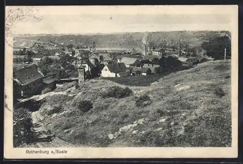 AK Rothenburg a. Saale, Ortsansicht mit Kirche und Fabrik