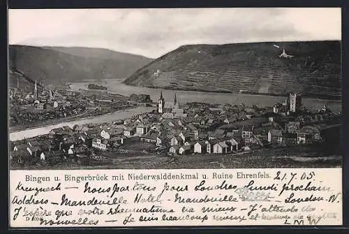 AK Bingen / Rhein, Ortsansicht mit Bingerbrück, Niederwalddenkmal und Ruine Ehrenfels