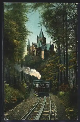 AK Schloss Drachenburg /Siebengebirge, Zahnradbahn und Schloss