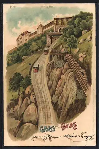 Lithographie Graz, Ansicht der Zahnradbahn auf dem Weg zur Station