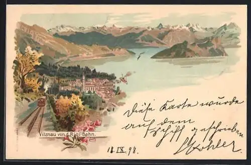 Lithographie Vitznau, Panoramablick von der Rigi-Bahn