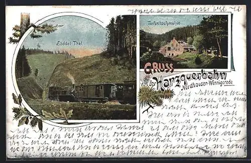 Lithographie Nordhausen-Wernigerode, Harzquerbahn im Söddel-Thal, Tiefenbachmühle