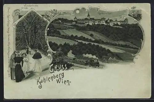 Mondschein-Lithographie Wien, Restaurant Kahlenberg mit Bergbahn, Wunderlinde