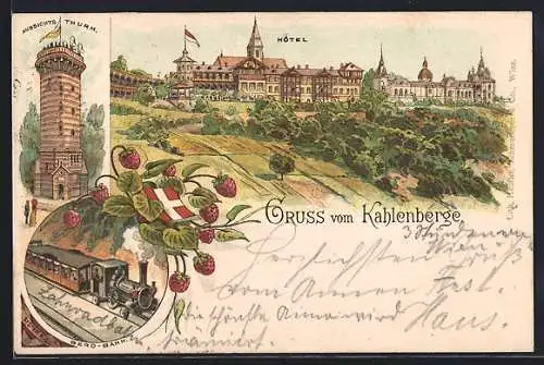 Lithographie Wien, Kahlenberg, Hotel, Aussichtsturm und Bergbahn