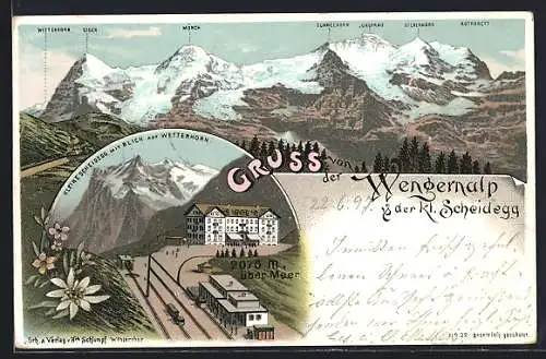 Lithographie Wengernalp, Kleine Scheidegg mit Blick auf Wetterhorn, Zug, Gebirgspanorama mit Mönch u. Jungfrau