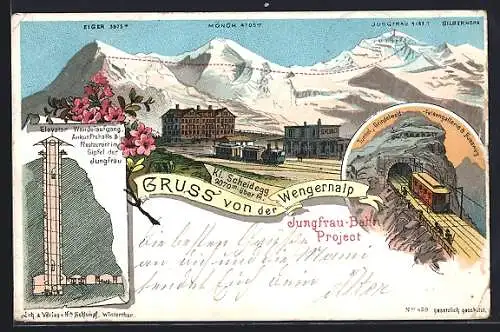 Lithographie Wengernalp, Bergbahn fährt in Tunnel, Elevator & Restaurant im Gipfel der Jungfrau, Eiger