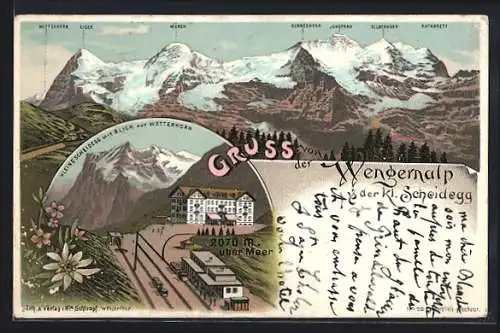 Lithographie Wengernalp, Kleine Scheidegg mit Blick auf Wetterhorn, Zug, Gebirgspanorama mit Mönch u. Jungfrau