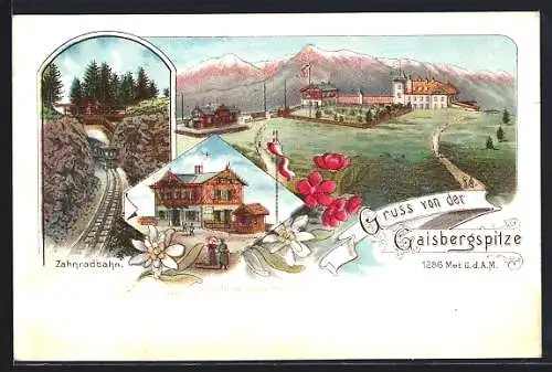 Lithographie Salzburg, Gasthaus auf der Gaisbergspitze, Zahnradbahn, Edelweiss