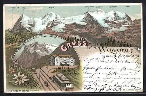 Lithographie Wengernalp, Kleine Scheidegg mit Blick auf Wetterhorn, Zug, Gebirgspanorama mit Mönch u. Jungfrau