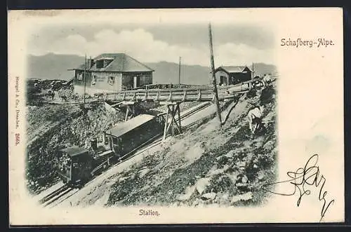 AK Schafberg, Schafbergbahn, Gasthaus zur Schafbergalpe mit Station der Bergbahn
