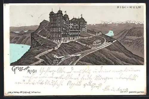Lithographie Rigi-Kulm, Hotel mit Gebirgspanorama, Bergbahn