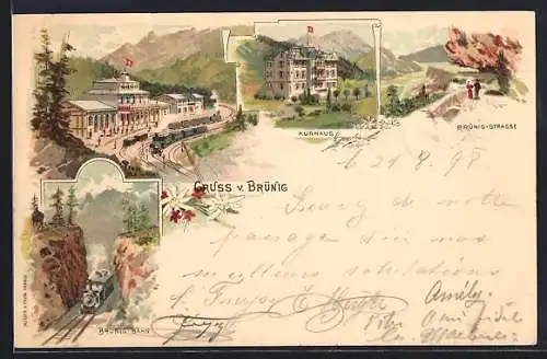 Lithographie Brünig, Kurhaus, Brünig-Strasse, Brünig-Bahn, Bahnhof