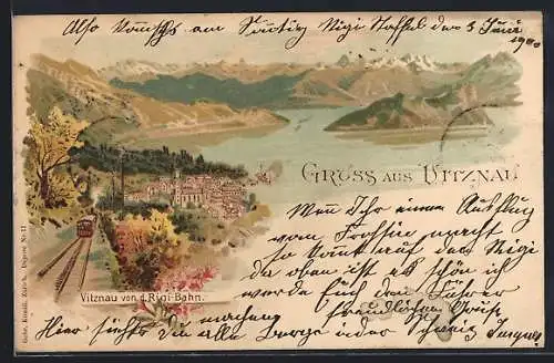 Lithographie Vitznau, Panorama von der Rigi-Bahn aus